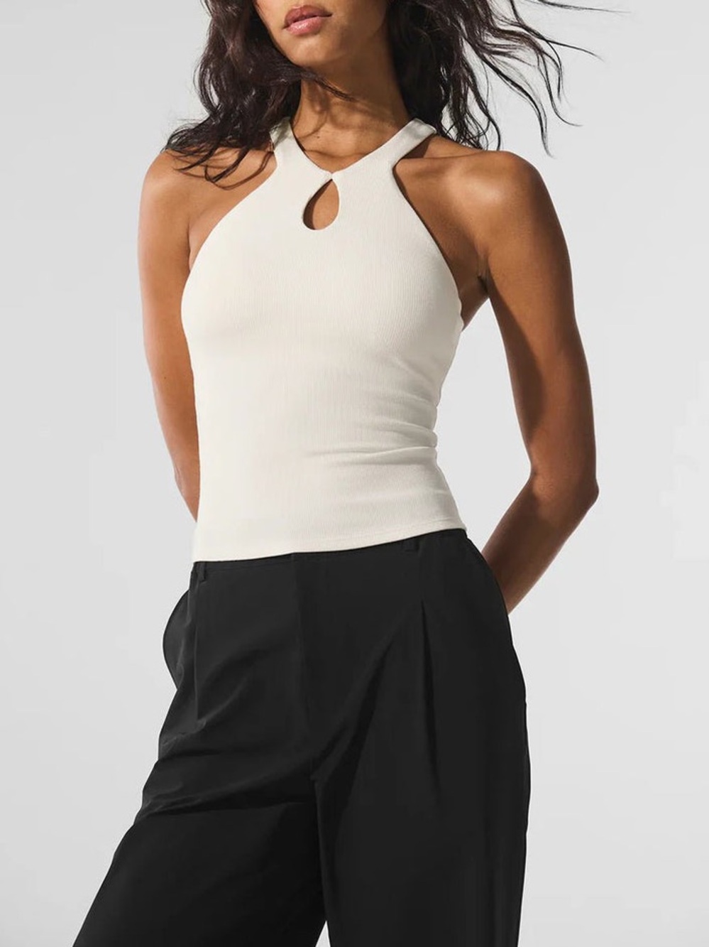 ALO YOGA Ribbed Mesmerize Bra Tank Ivory Sleeveless Keyhole Halter Tank Cream Md